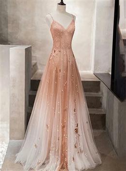 Picture of Pink Beaded Tulle Pretty Formal Dresses Evening Dresses, Straps Gradient Party Dress